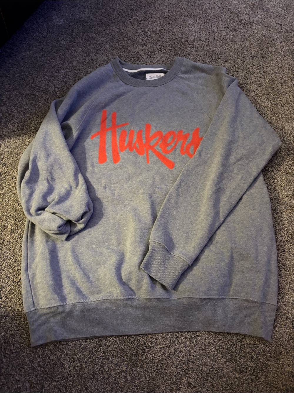 Huskers Grey Crewneck Sweatshirt with Red Script Logo